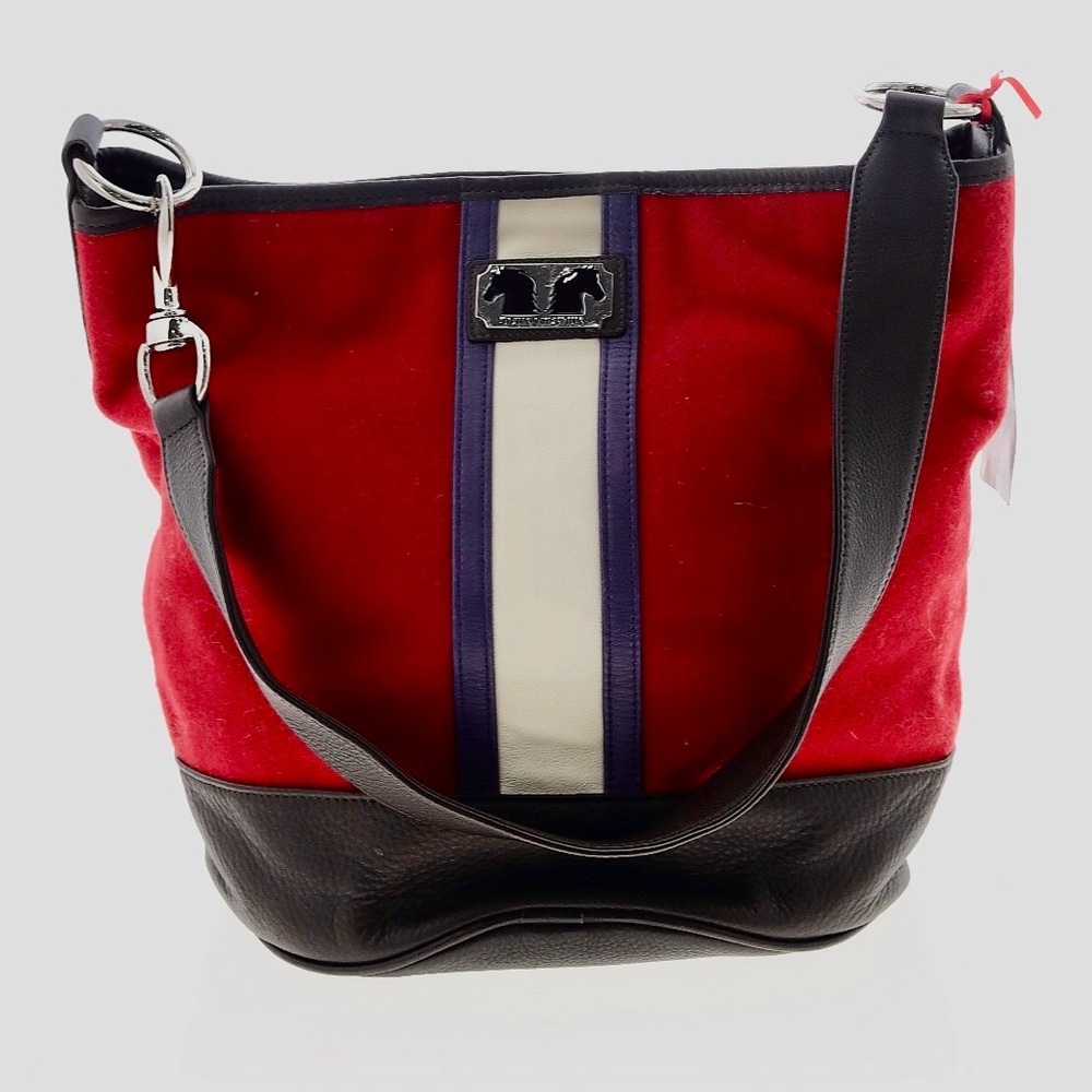 Deux Chevaux red felt and brown leather bag.